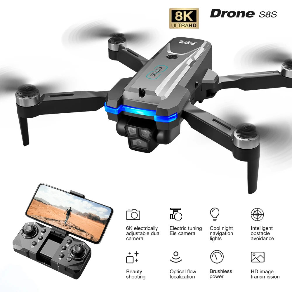 Bezszczotkowy dron LS-S8S RC o przepływie optycznym 2,4G, 8K, trzy kamery 360 ° unikanie przeszkód WiFi tryb bezgłowy profesjonalny quadcopter