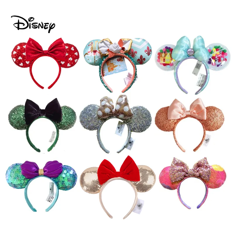 Disney Mickey Mouse Ear Headband Amusement Park Hair Hoop Fish Scale Sequin Mesh Party Headwear Girl Toy Birthday