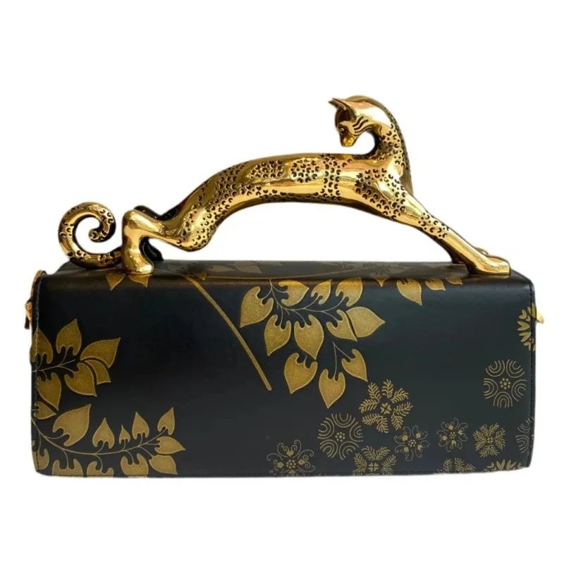 Luxury Pencil Cat Top Handle Bag Women New Gold Leaf Embossed Box Shape Shoulder Bag Fashion Chic Designer Evening Clutch Purse