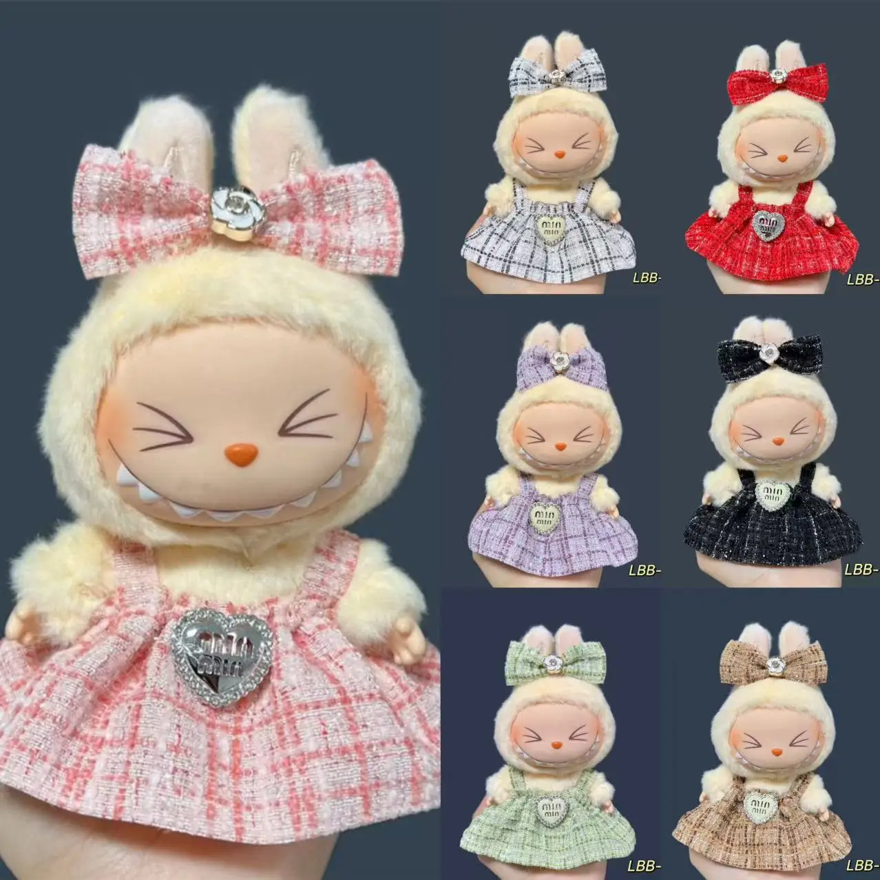 

Роскошное клетчатое платье, одежда для Labubu V1 V3 с бантом в корейском стиле, головной убор, костюм для кукол Ladbubu 17 см, аксессуары