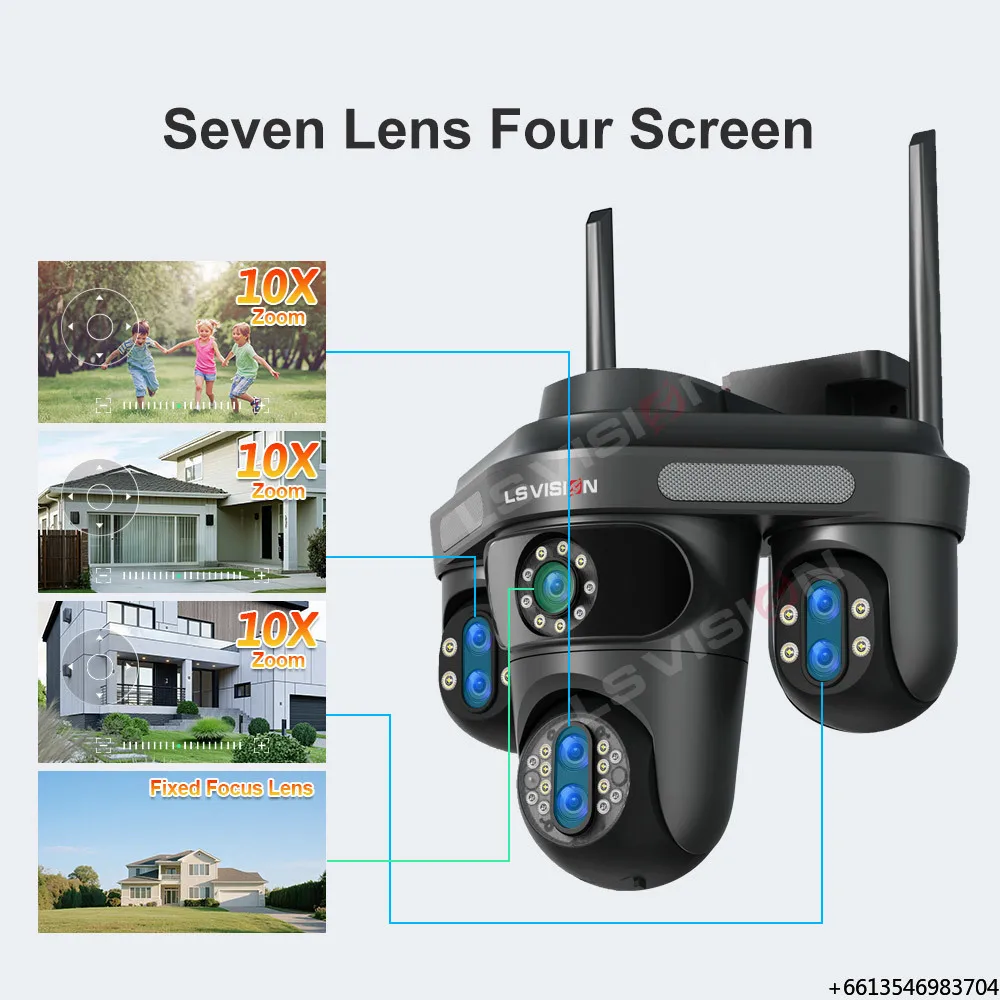 LS VISION 2025 Ultra HD Security Camera 14MP 360° Panoramic Auto Tracking Seven-Lens Four-Screen Three-PTZ Built-in Siren Farm