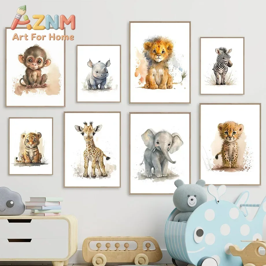 Multi-size 1PC frameless high-definition decorative paintings,Nursery Animals Lion Giraffe Rhino Monkey Zebra Tiger Wall Art Can