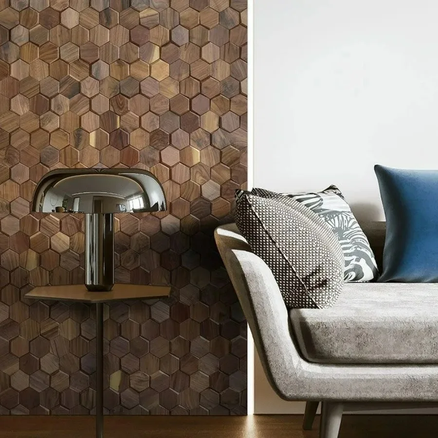 3d Wood Wall Mosaic Tile Black Walnut Modern Hexagon Wooden Panel Wall Stickers for Home Office Background Bedroom Decoration