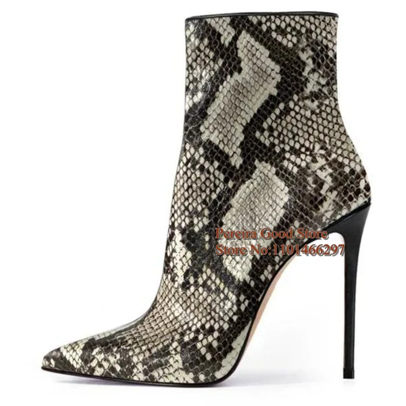 

Snakeskin Leather Pointed Toe Ankle Boots 12CM Stiletto heel Black Cover Heels Spring Autumn Short Boot Side Zipper Women Shoe