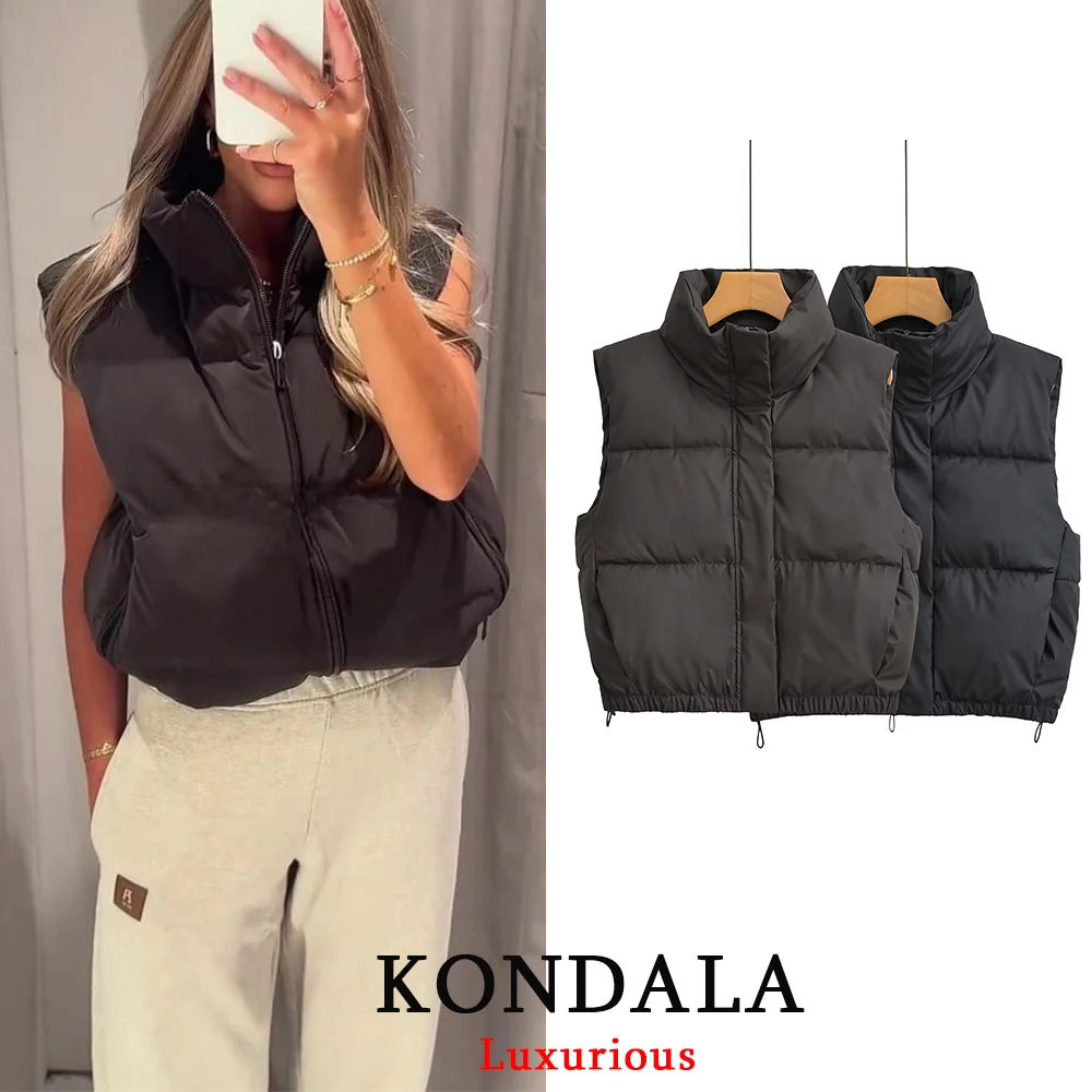 

KONDALA шикарные коричневые жилеты без рукавов женские с карманами на молнии стеганые толстые теплые пальто мода 2025 осень-зима верхняя одежда