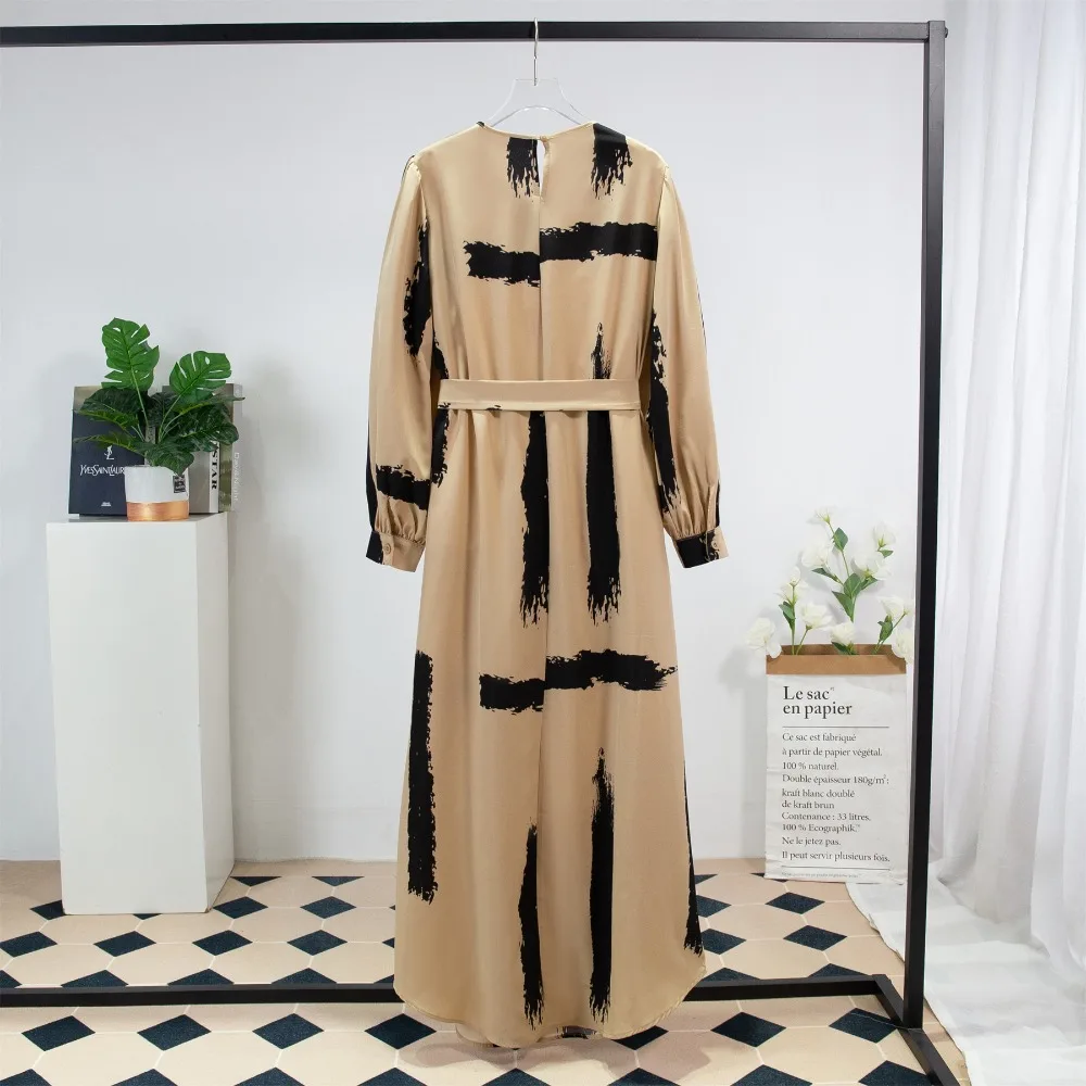 Prayer Ramadan Maxi Dress Women Casual Dresses With Belt Fashion Full Sleeve A-line Loose O-neck Printed Long Dresses Muslim