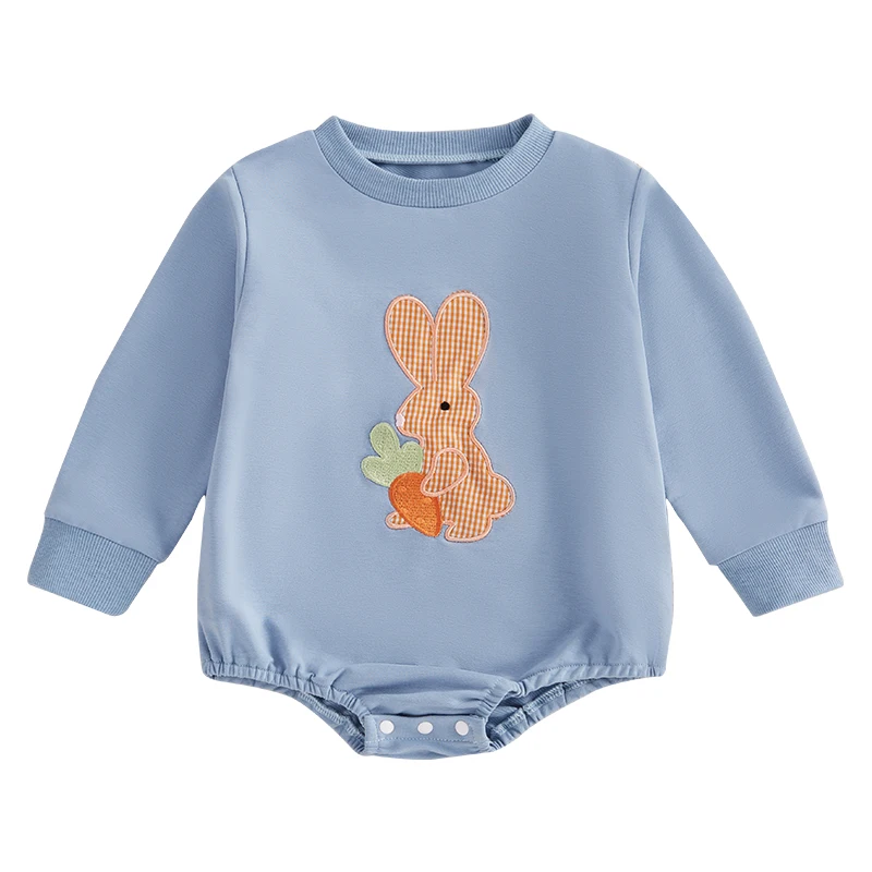 

Baby Easter Sweatshirt Romper Bunny Embroidered Long Sleeve Round Neck Adorable Spring Jumpsuits