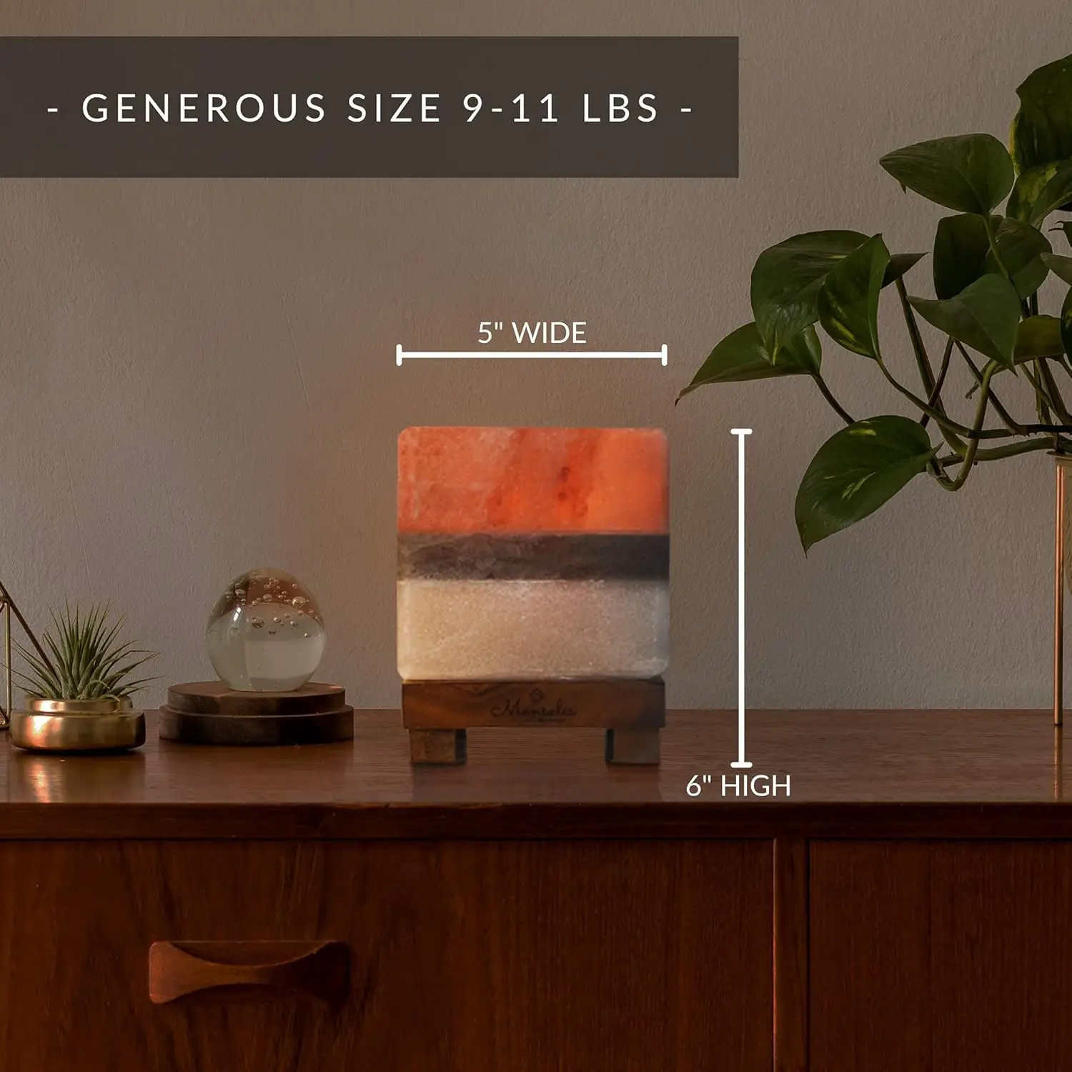 デュアルイルミネーションヒマラヤ岩塩ランプ - 調光機能付きモダンなスクエアデザイン、調整可能な輝き、本物のクリスタル岩塩ナイトライト