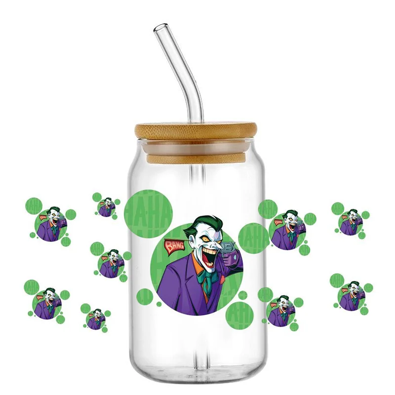 Joker Movie Cartoon UV DTF Transfer Sticker Clown For The 16oz Libbey Glasses Wraps Bottles Cup Sticker DIY Waterproof