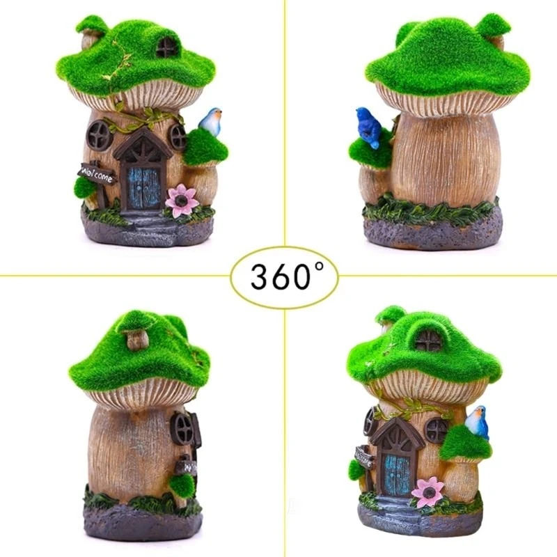 

G92C Solar Powered Resin Mushroom House Ornament for Indoor and Outdoor Garden Decors Figure Ornament