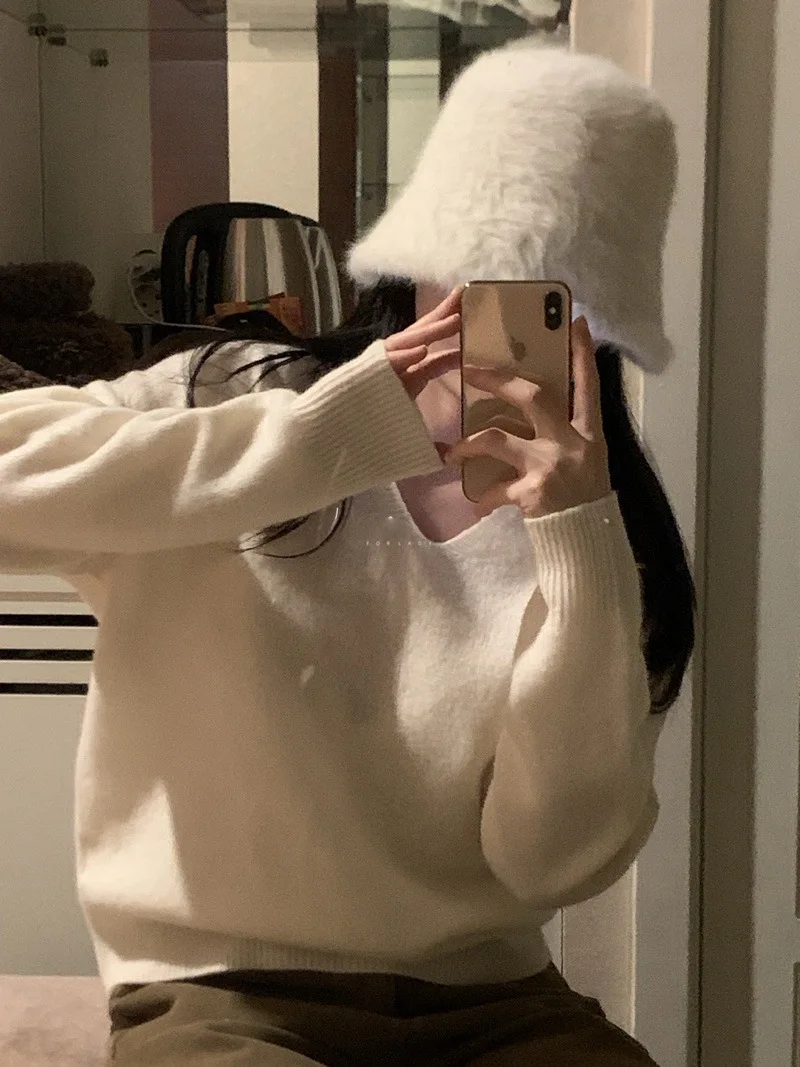 Suéter feminino de malha de lã macia V-Ne, suéter pesado de luxo Fce V-Ne Camere outono inverno roupa confortável