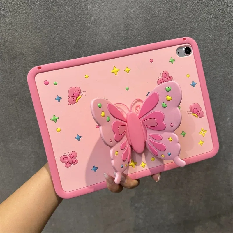 Suitable for iPad protective case, pink three-dimensional butterfly, anti-fall silicone soft case