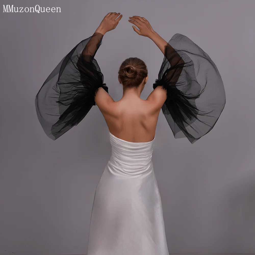 Mmq mm20 véu de noiva de manga longa, véu de tule preto com babados, manga elástica vintage, material de casamento para festa e tirar foto, faça