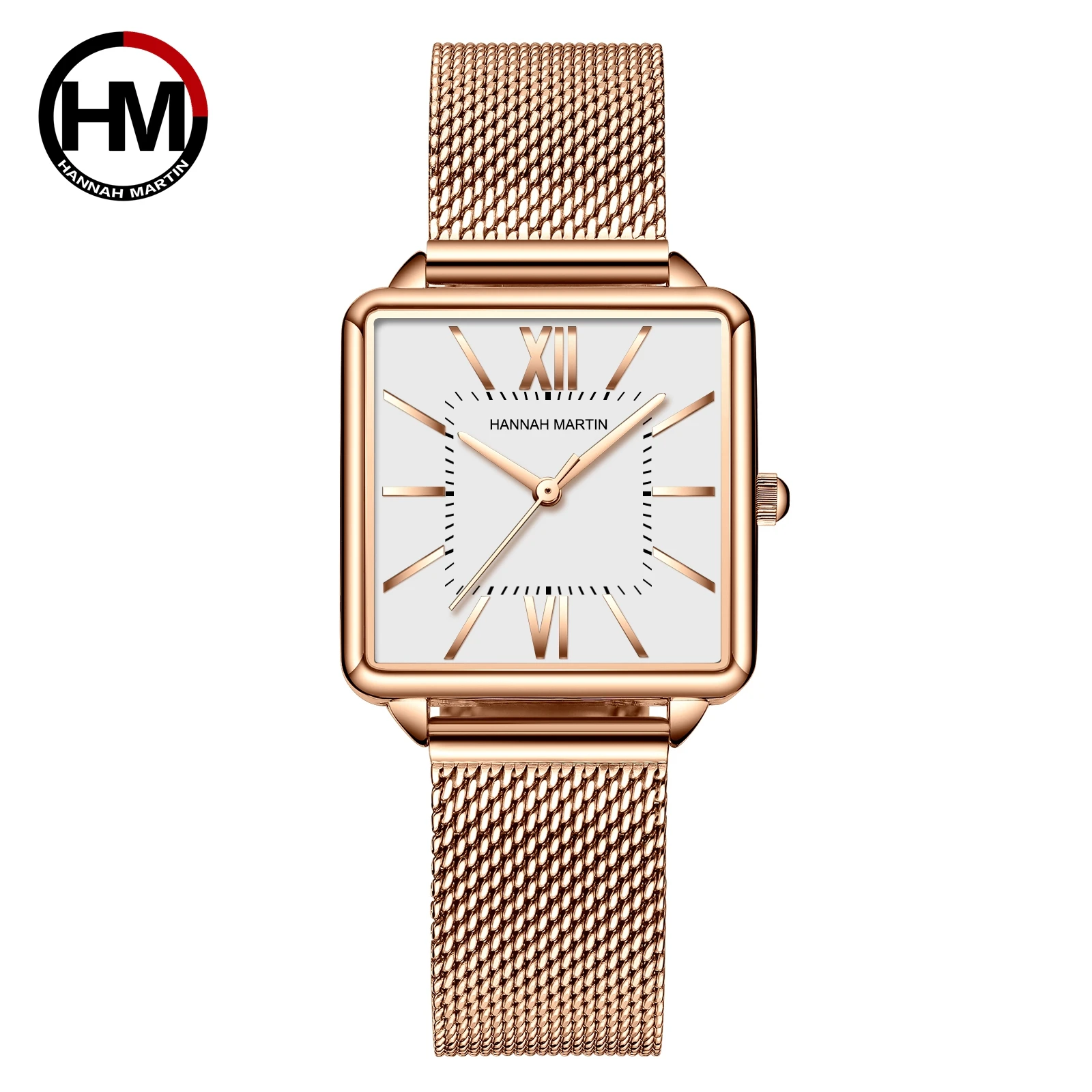 Hannah Martin Brand Women Watches Fashion Square Ladies Quartz Watch Green Dial Simple Rose Gold Mesh Luxury Women Watches