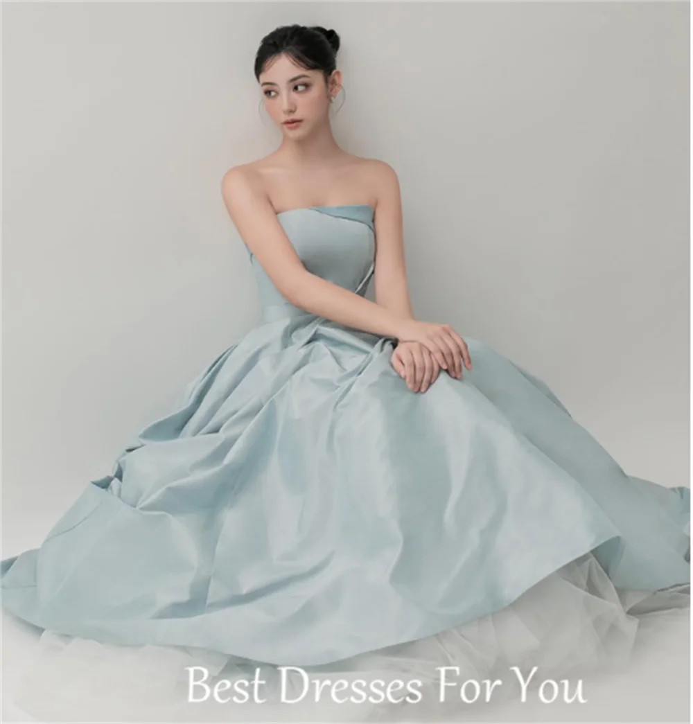 TAFN Korea Evening Dresses 이브닝 드레스 Strapless A-line Floor-Length Party Gown for Special Event Blue Photo Shoot Wedding Dresses