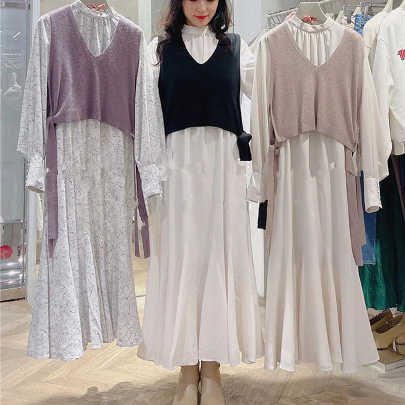 

2PCS Lantern Sleeve Elegant Fall Long Dress New Stand Collar Vintage Dresses Sweet + Lace Up V-neck Knitted Vest Women Sets