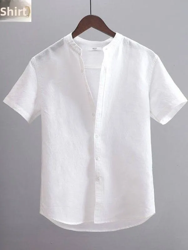

Summer Men's Loose Cotton Linen Shirt Short Sleeve Stand Collar Simple Casual Soft Top Youth Fashion Thin Cotton Linen Blend
