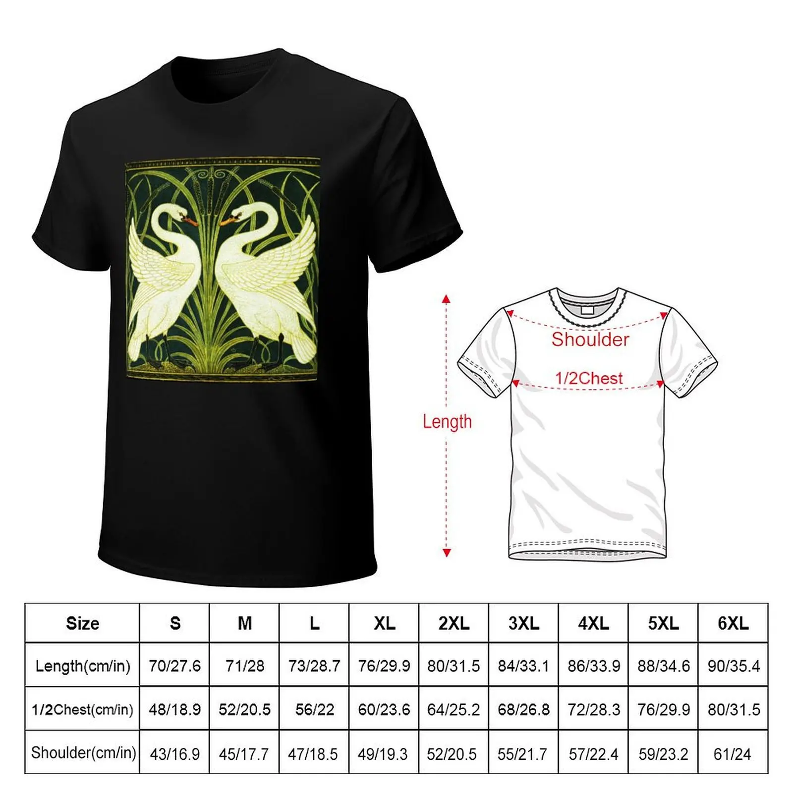TWO WHITE SWANS AMONG REEDS IN GREEN Art Nouveau Animals T-Shirt t shirt for man 100 percent cotton T-Shirt
