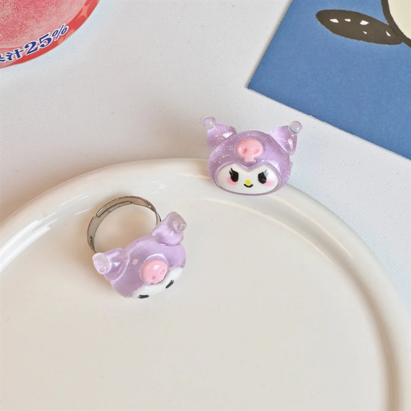 Sanrio-anillo ajustable de apertura para mujer y niña, sortija ajustable con diseño de Pachacco, Cinnamoroll, Kuromi, Purin