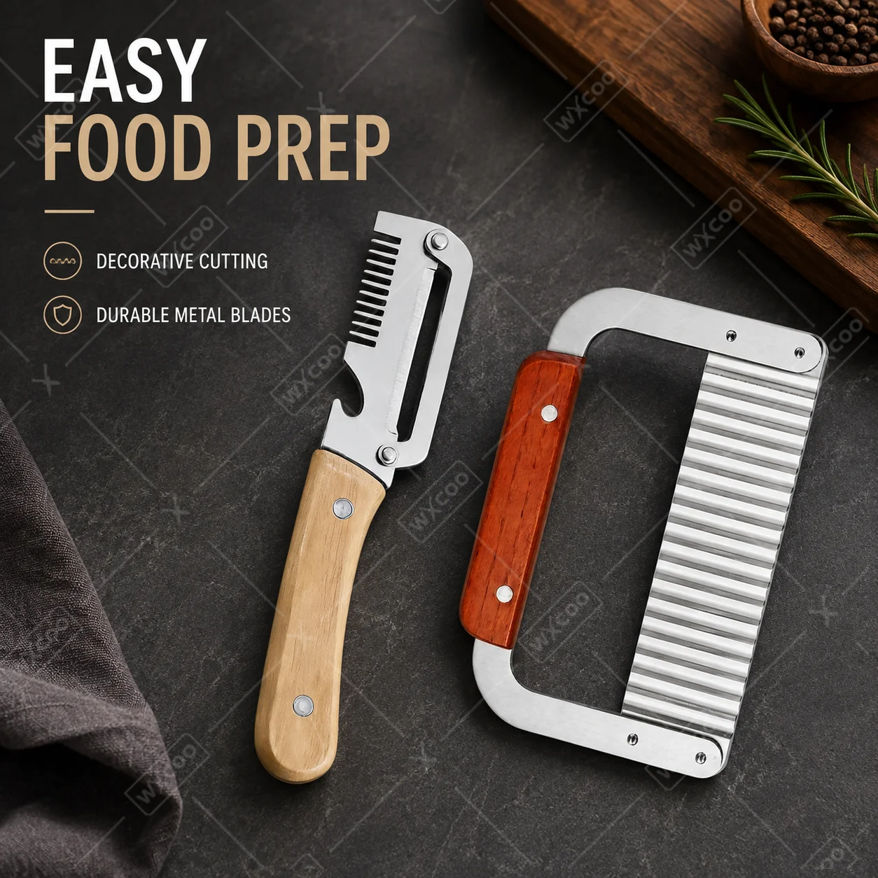 WXCOO Wavy Vegetable Slicer Stainless Steel Crinkle Chopper Wooden Handle Peeler Combo Set for Home Kitchen Cooking Tools