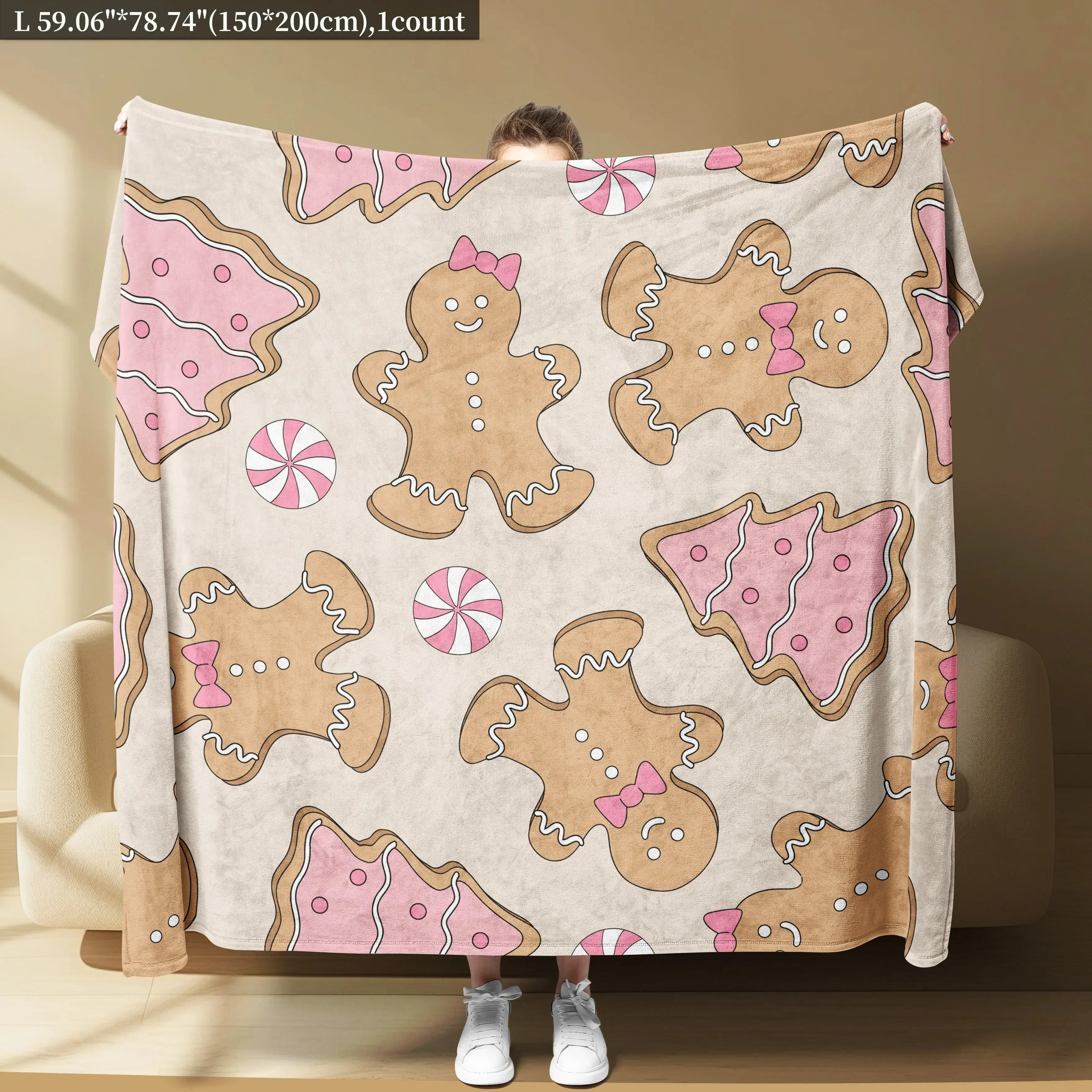 1 Stück Flanelldecke, rosa Lebkuchenkeksmuster mit Weihnachtsthema, kann für Sofa, Mittagspause, Reisen, Weihnachtsgeschenk verwendet werden