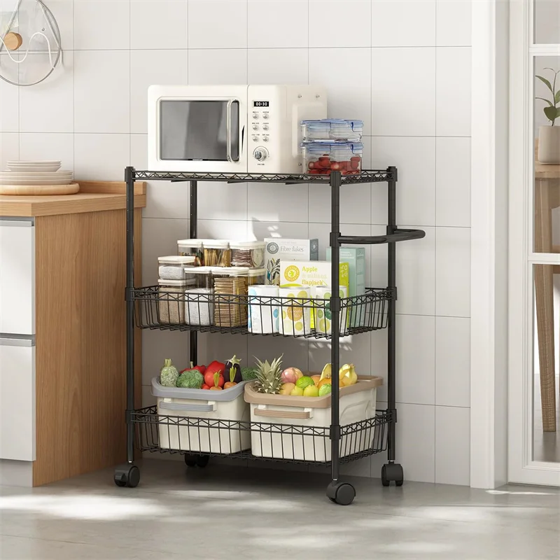 3 Tier Rolling Cart, Metal Kitchen Cart On Wheels with Baskets, Wire Shelving Rolling Snack Storage Cart Utility Trolley