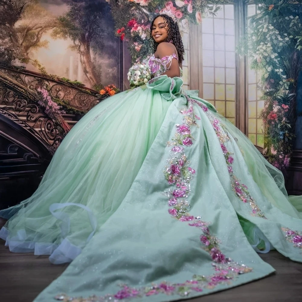 Customized Fashion  Temperament Glitter Sage Green Quinceanera Dress Exquisite Pink Floral Applique Beading Sweetheart Gowns