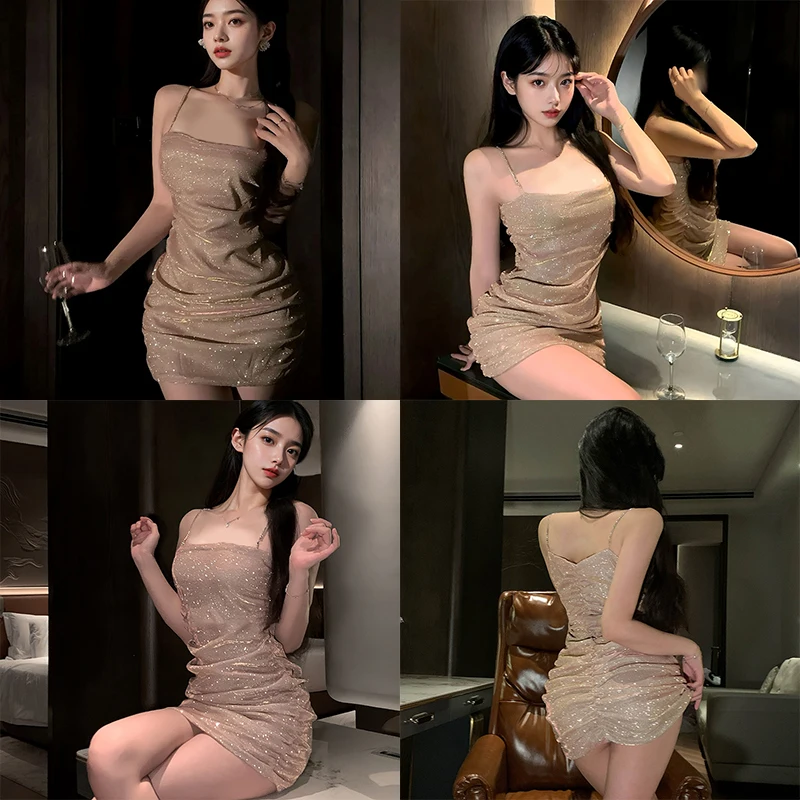 Lencería sexy para mujer, vestido de noche brillante sin mangas para fiesta y club, vestido con tirantes