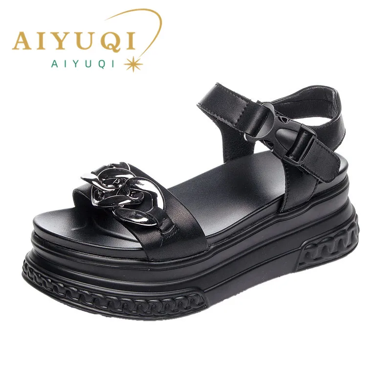 AIYUQI Sandals Women High-heel Platform 2024 New Genuine Leather Women Summer Sandals Fashion Version Chain Roman Sandals Women