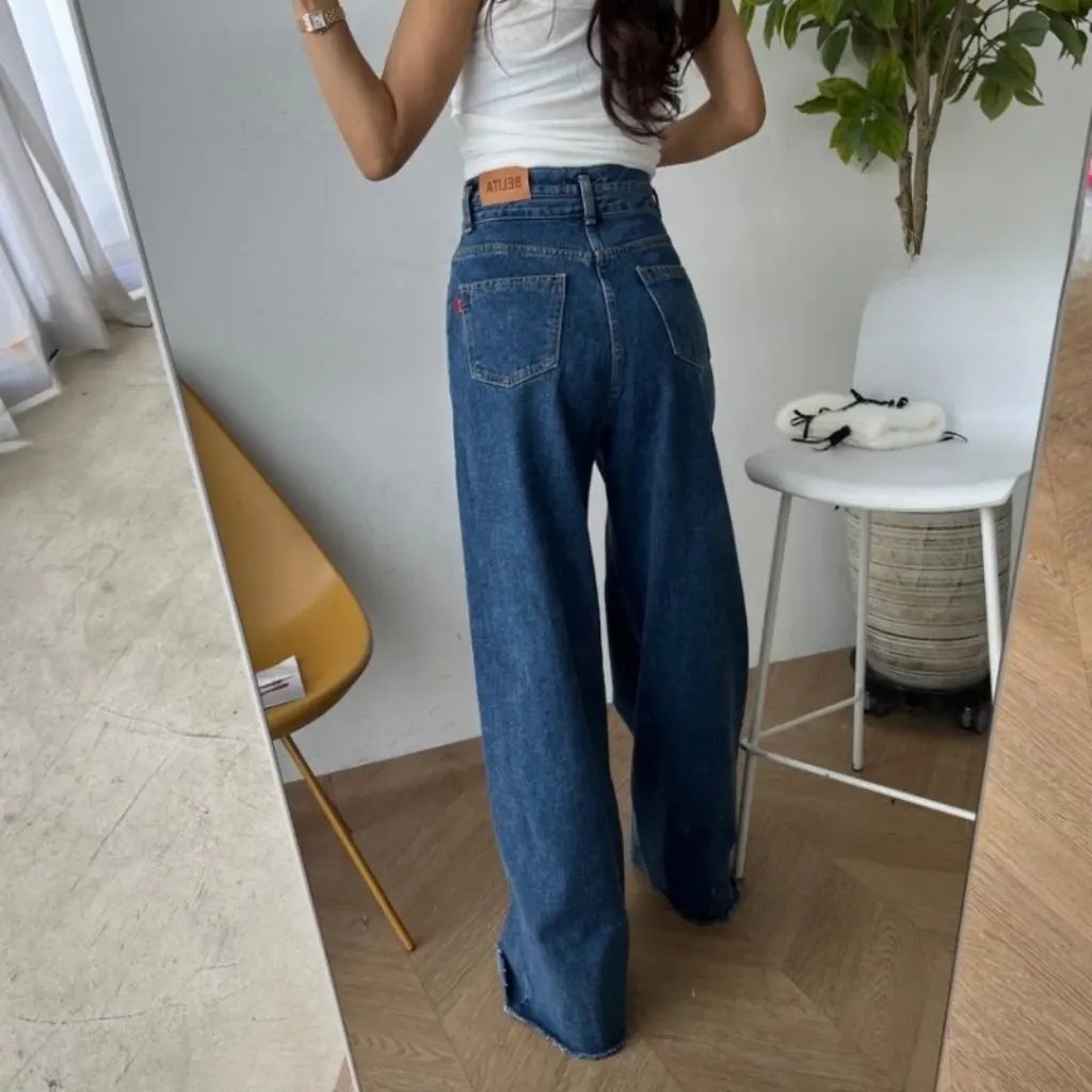 

Women's Retro High Waist Two-Button Loose Slimming Wide-Leg Denim Trousers with Split Straight Fit Korean Chic