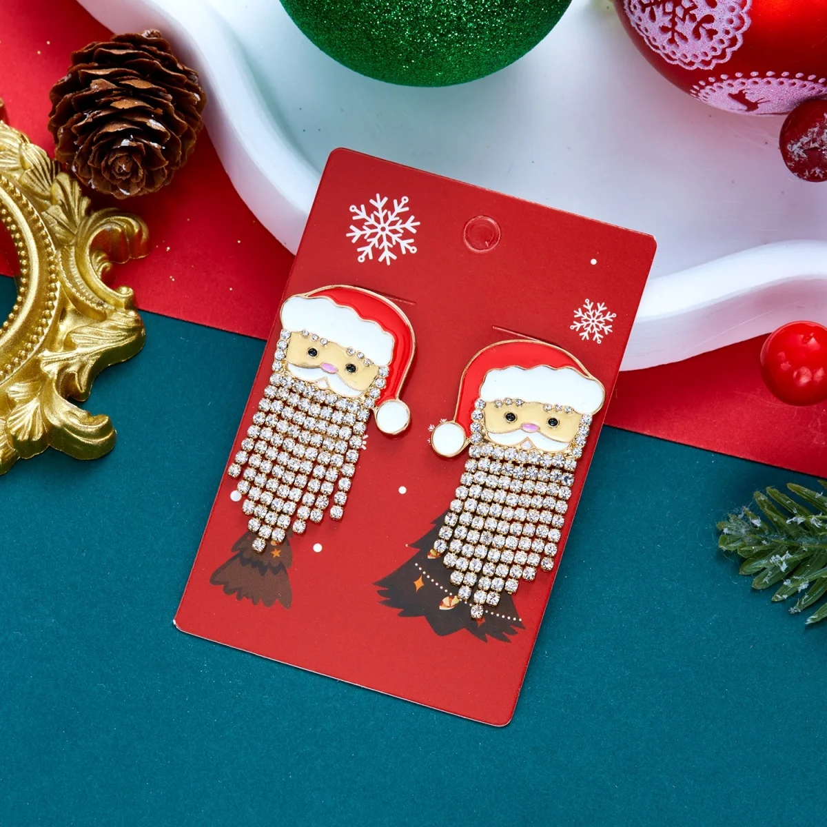 Kreative, niedliche Weihnachtsmann-Ohrstecker mit simuliertem Perlenquastenbart für Frauen, Strass-Weihnachtsmann-Ohrringe, Weihnachtsparty-Schmuck – Detail 31