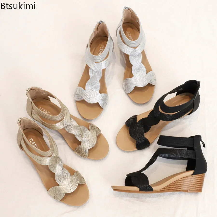 Fashion Bohemia Style Women Sandals Summer Wedge Heel Roman Shoes Ladies Outdoor Casual Sandals Comfy High Heel Shoes Plus Size