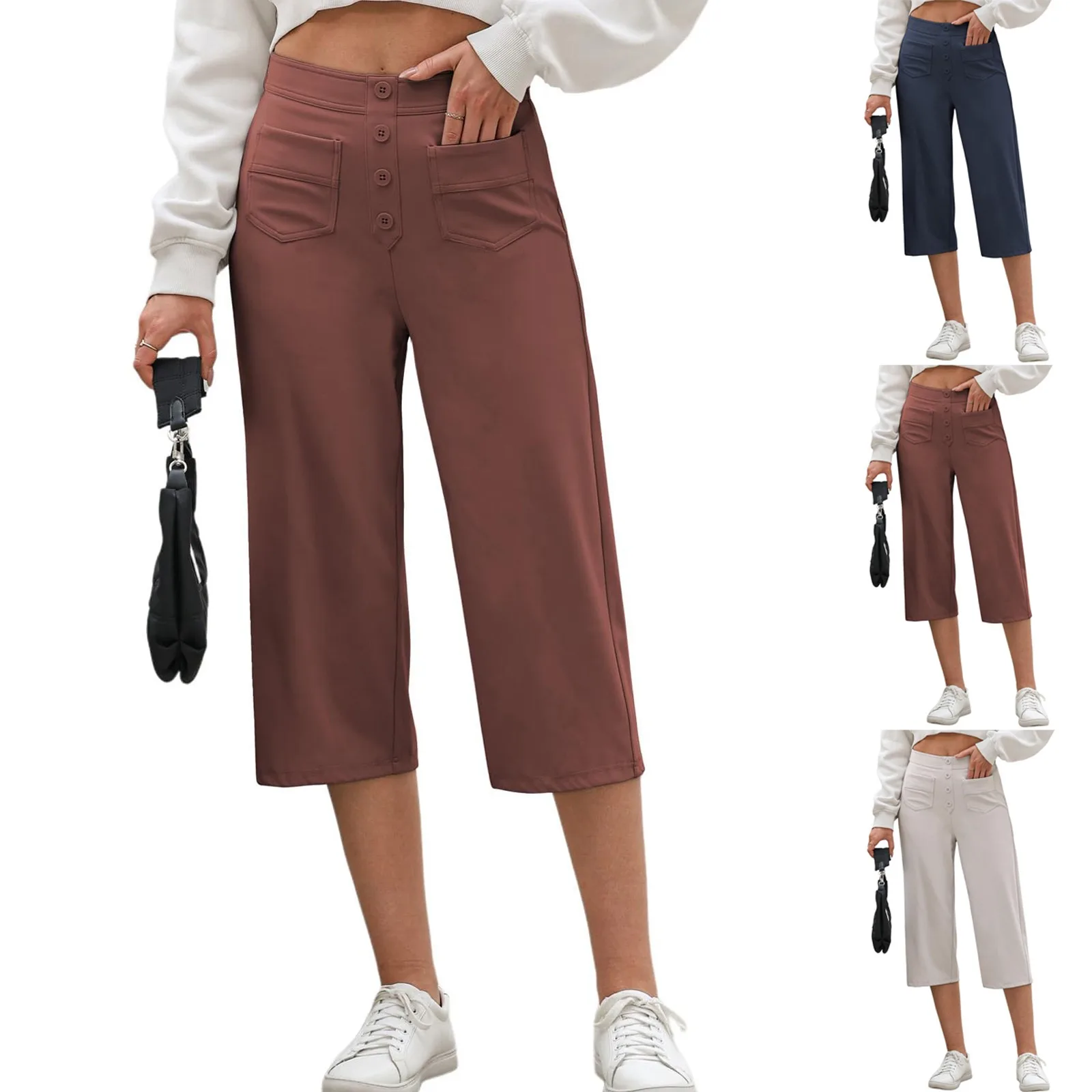 Women'S Casual Cropped Pants Button With Front Pockets Stylish Pants 2024 Summer New Fashionable Solid Color Sport Pants