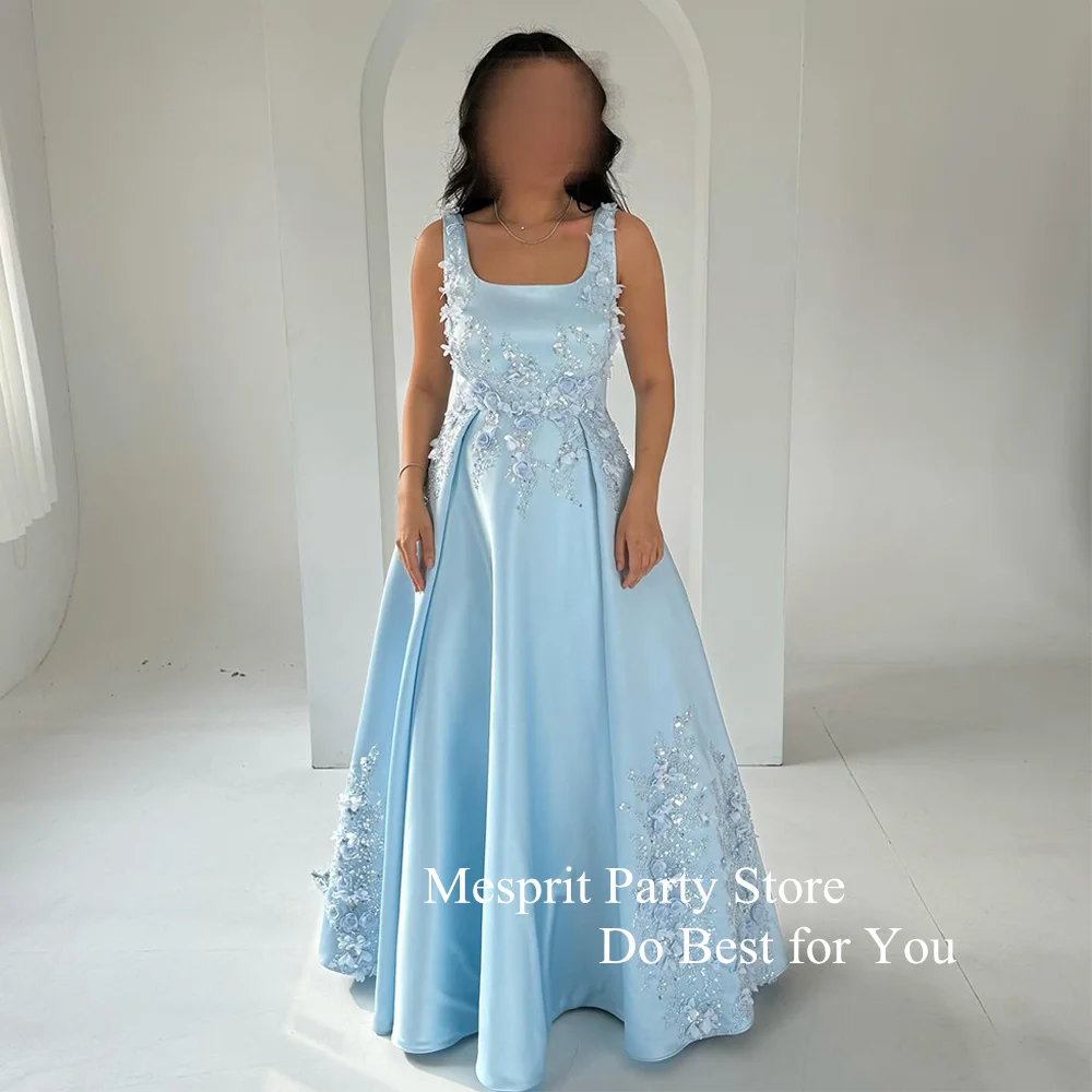 Light Blue Evening Dress Square Neck Sleeveless Sparkling 3D Flower Satin A Line Saudi Arab Prom Dresses Special Occasion Gown