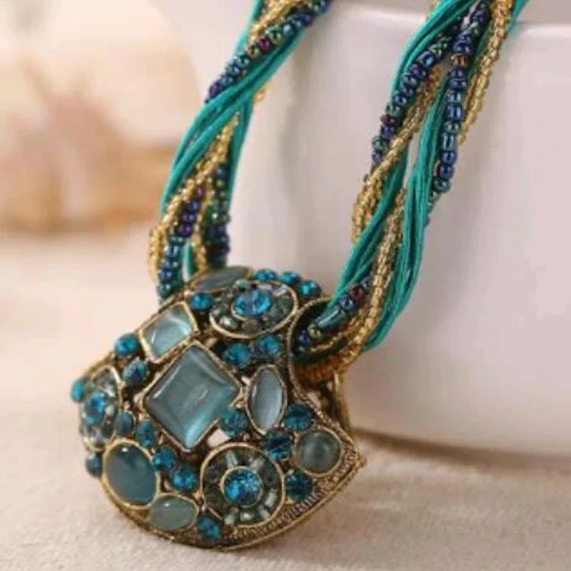 Bohemian Statement Beaded Vintage Jewelry Turquoise Rhinestone Vintage natural stone Necklace for Women Pendent Collar Necklace