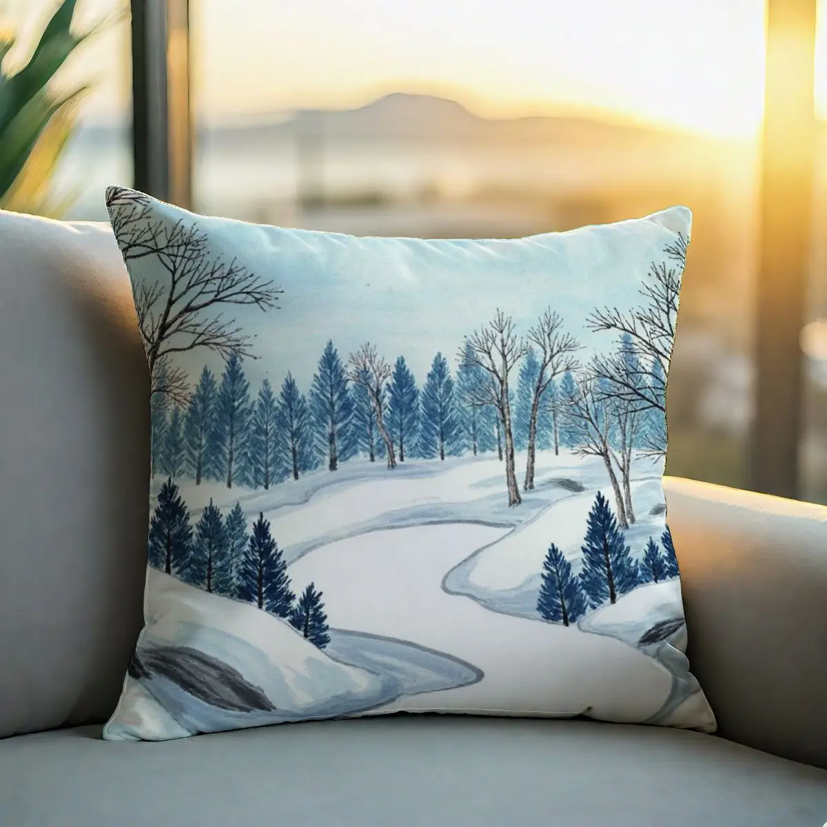 

4-Piece Soft Washable Pillow Cover Set 45x45cm Winter Landscape Snowy Trees Path Home Decor Cozy Living Room Festive Vibes