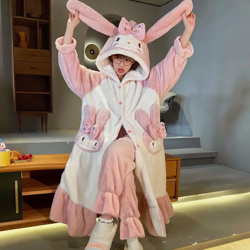 Sanrio Anime Kawaii kuromi My Melody Fleece Pajamas Autumn Winter Coral Thickened Long Comfortable Nightdress Home Wear