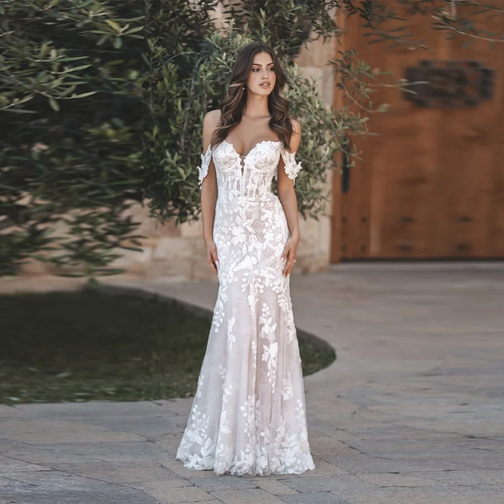 Customized Glamorous Sweetheart Wedding Dresses for Bride Mermaid Off the Shoulder Lace  Up Watteau Train Vestido de Casamento