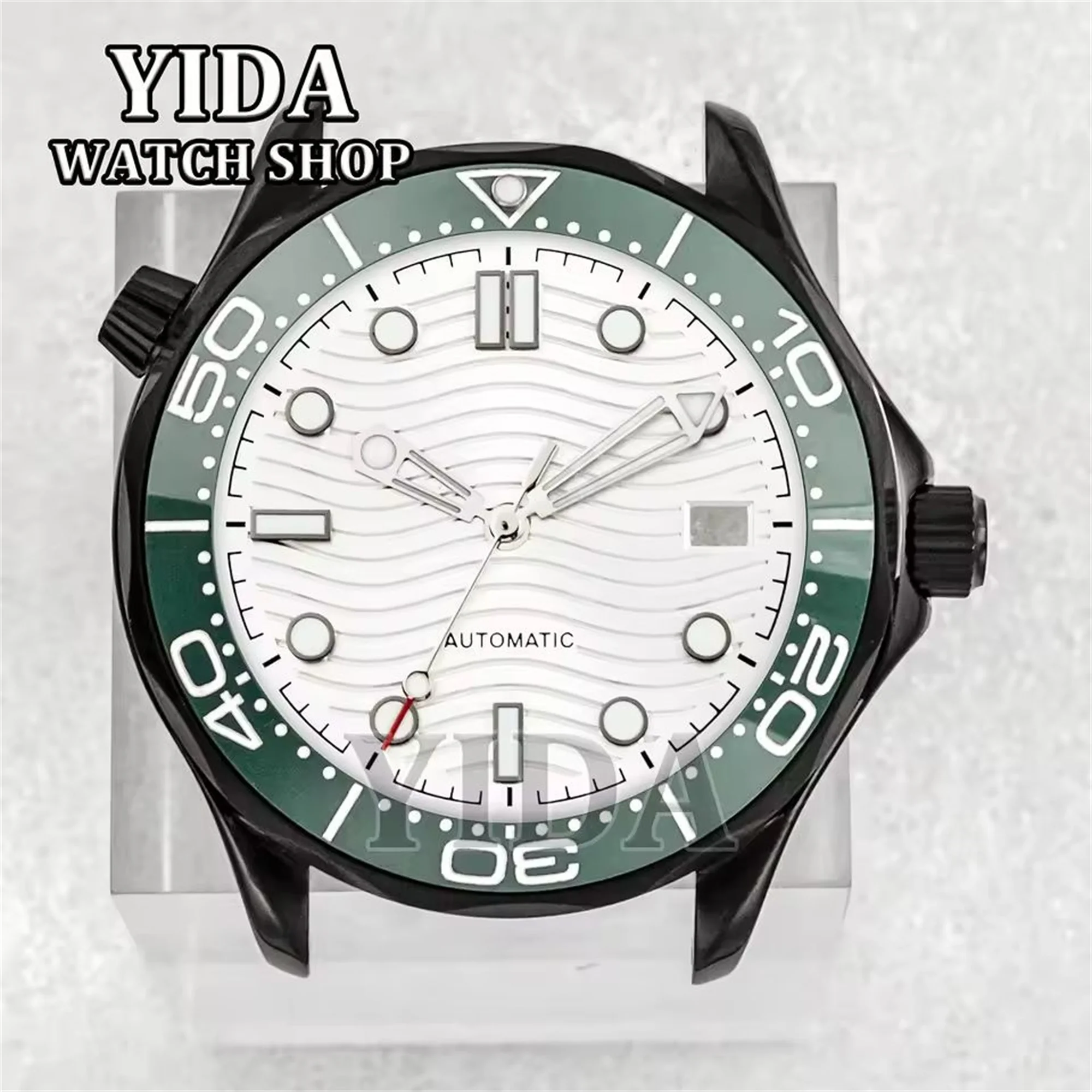 41mm Black Watch Case 316L Stainless Steel Bezel Ring 31mm Dial Green Luminous Hands For Seamaster 300 NH35 NH36 Movement Parts