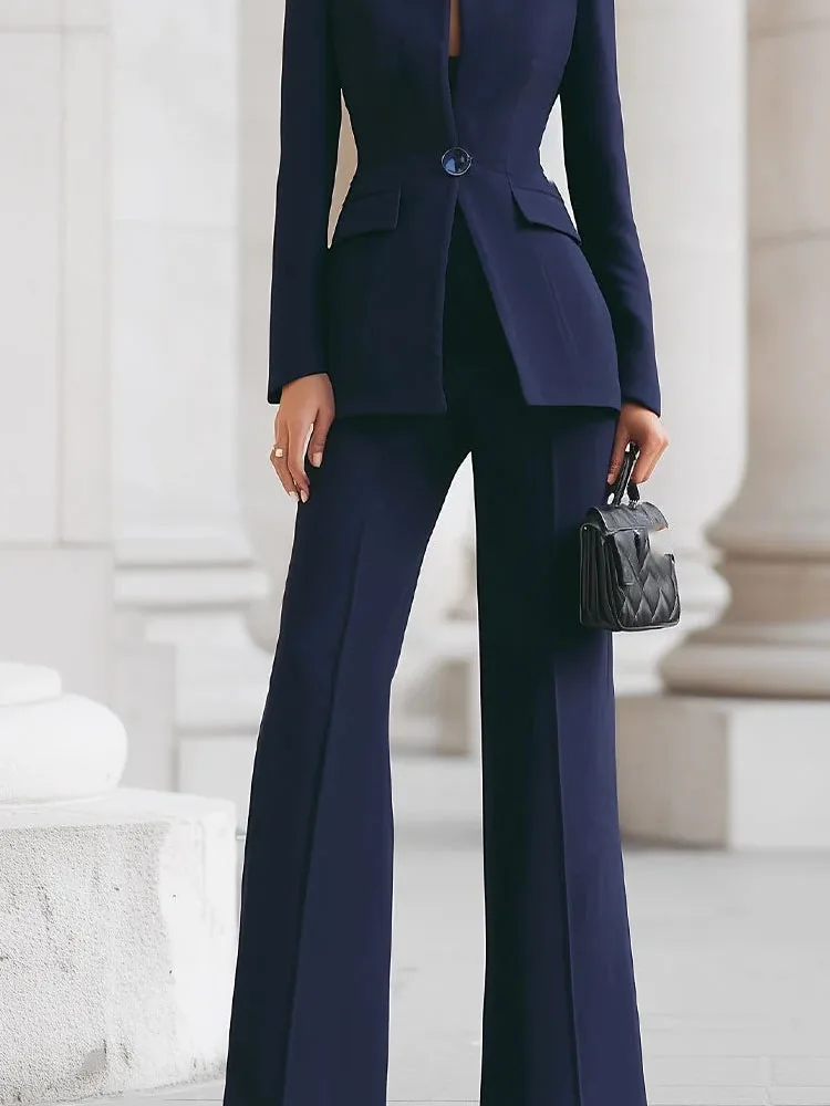 Mode Stehen Kragen Mantel Einfache Anzüge Casual Langarm Büro Lange Hosen Sets 2025 Elegante Pendeln Solide Schlank 2 Stück Outfits