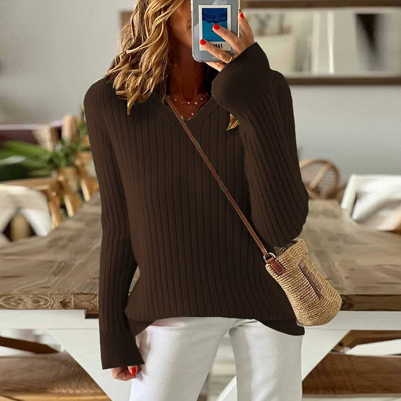 Damski sweter z długim rękawem, dzianinowy pulower z dekoltem w serek, dzianinowy sweter damski, zimowe podstawowe topy, damski sweter