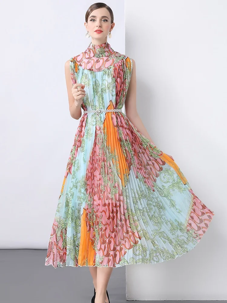 Vestidos de fiesta con estampado de cuello levantado para mujer, vestido largo plisado para fiesta de boda, vestidos de noche de Gala sin mangas de lujo con cinturón