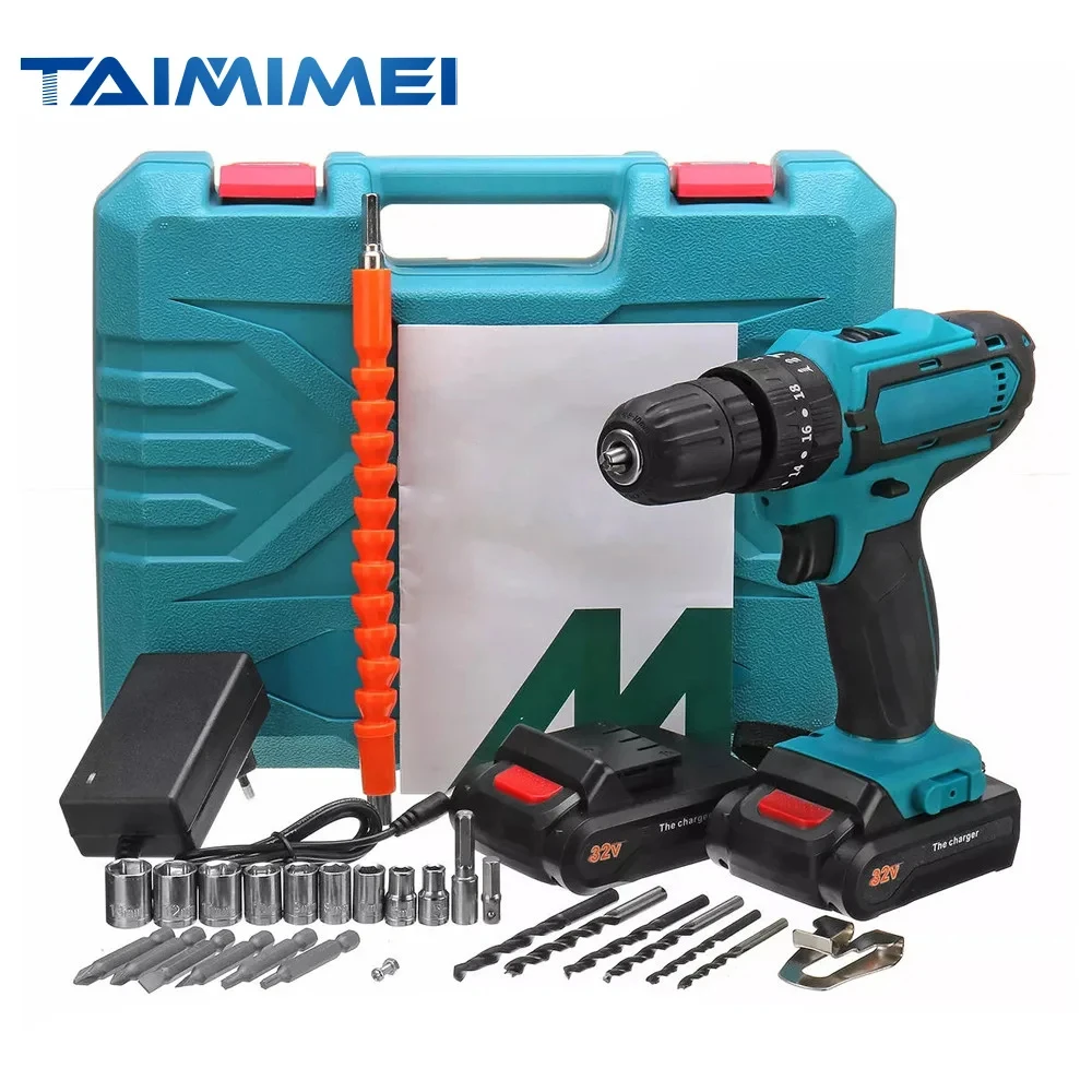 TAIMIMEI 32V 2 سرعة تدريبات القوة 6000mah اللاسلكي الحفر 3 IN1 الكهربائية مفك مطرقة اليد الحفر 2 بطاريات HT2785