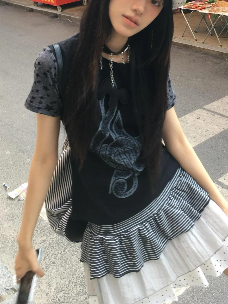 Y2k Vintage Short Flutter Sleeve Faded Music Note Print T-Shirt Polka Dot Patchwork O-Neck American Retro Top Bodycon Summer
