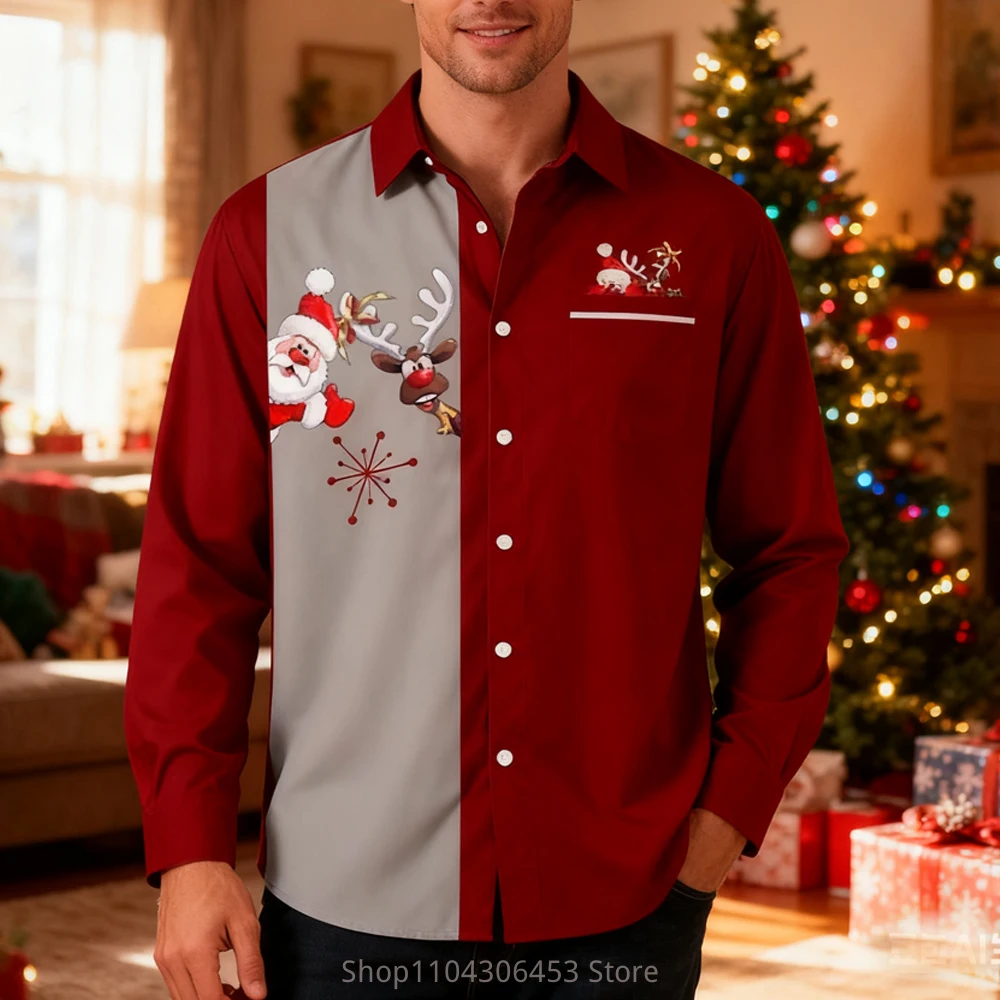 2025 Men's Christmas New Year Cartoon Funny Santa Claus Festive 3D Printing Lining Holiday Party Autumn and Winter New Gift Top