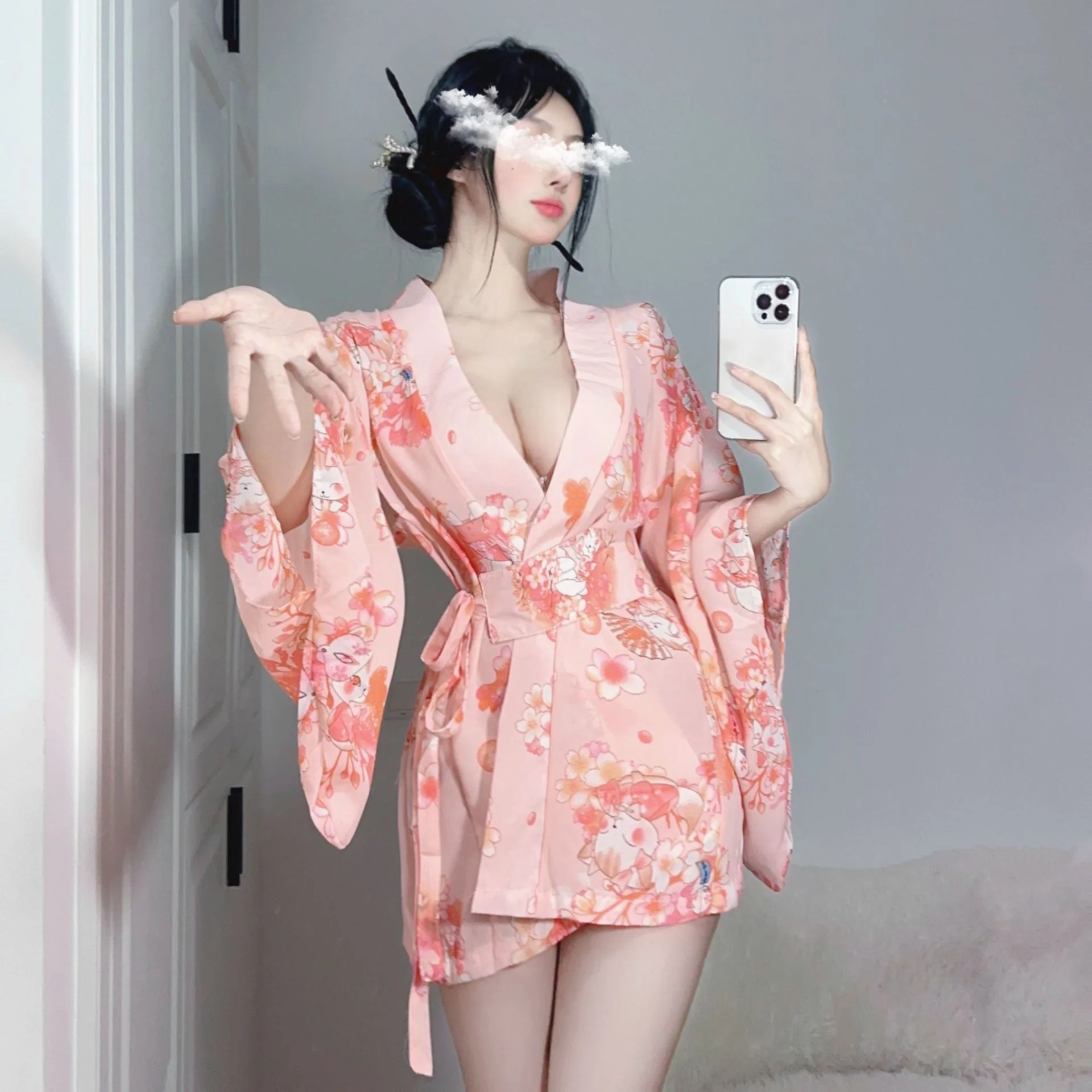 Spring Autumn New Women's Japanese Cherry Blossom Printing Sweet Cute Nightgown Bathrobe Sexy Deep V Temptation Nightgown LRI9