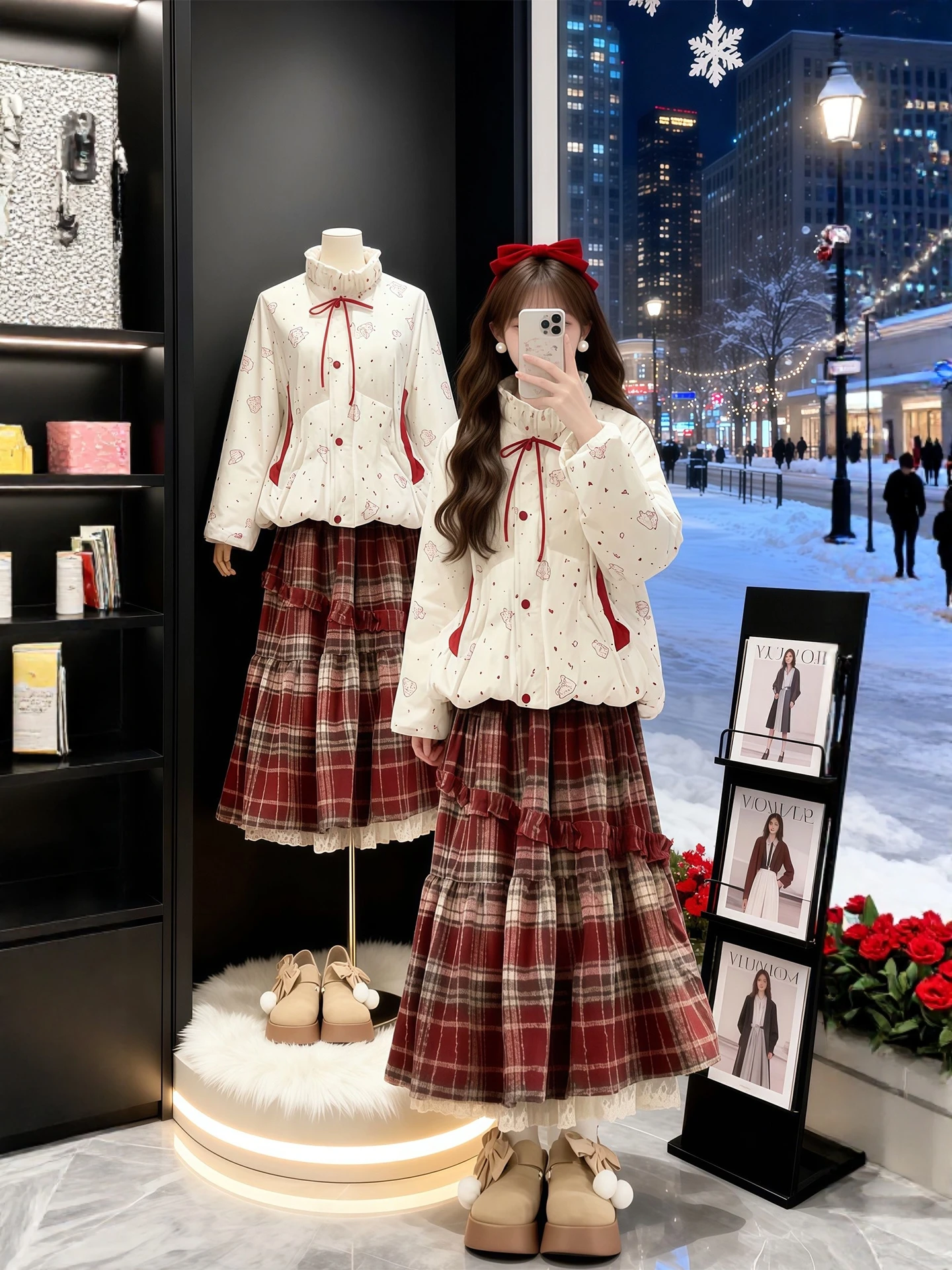 

Winter Faion Warm Cotton Jaet And Plaid Skirt Two-Piece Set for plus Size Women Beautiful And Unique Ensemble