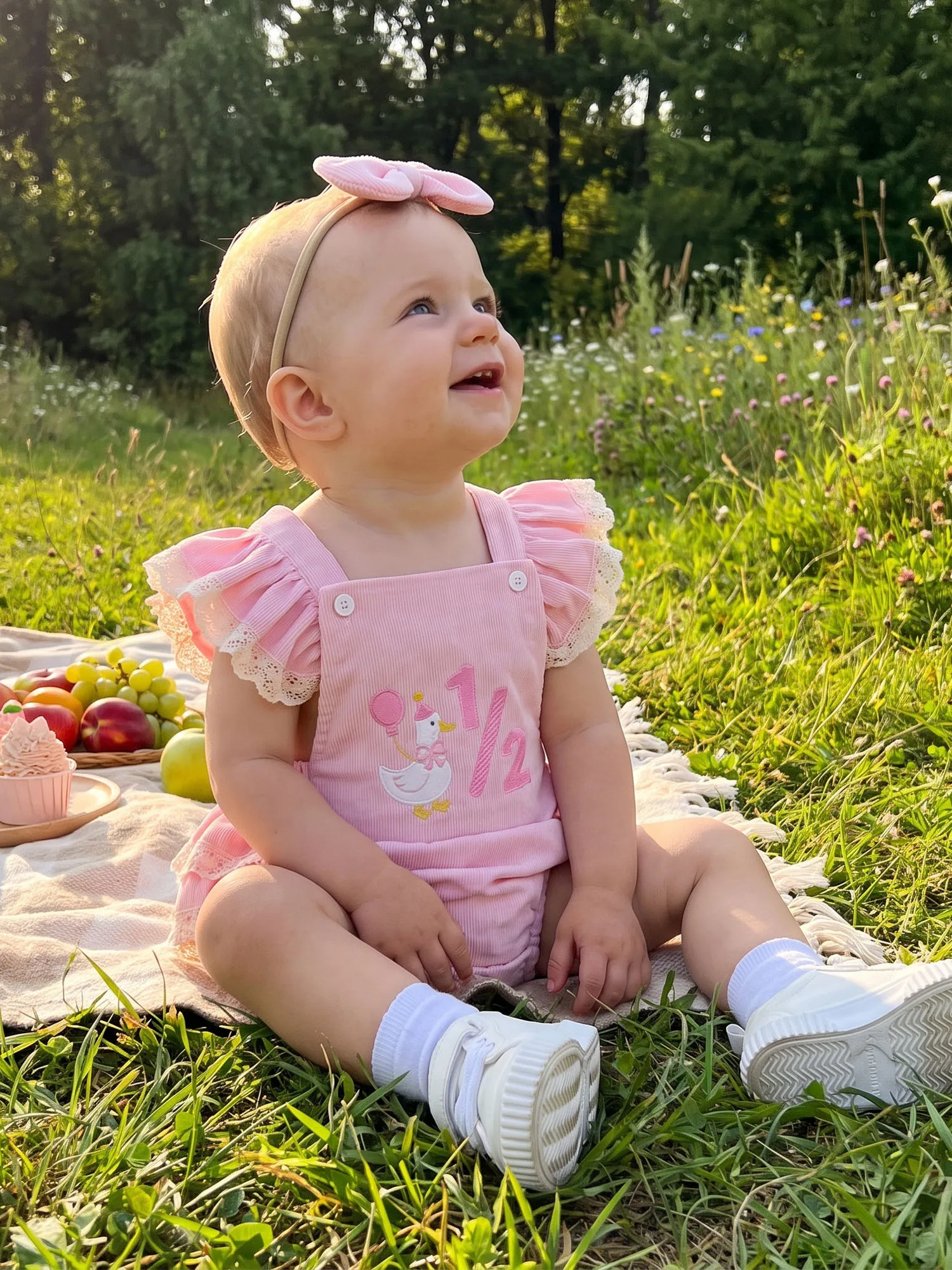 Girls-Half-Birthday Birthday Romper Flying Sleeve Jumpsuit With Flying Sleeve Jumpsuit With Headband Girls Half Romper Flying