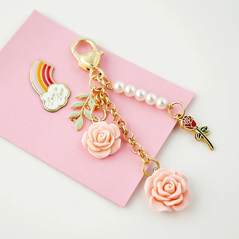 3d Rose Camellia Keychain Women Girls Sweet Pearl Tassel Flower Keyring With Metal Leaf For Earphone Case Bag Accessories Gifts