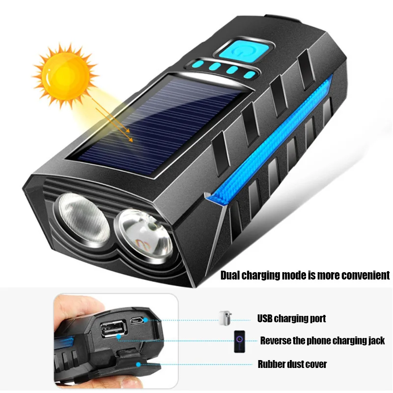 

Bicycle Light USB Rechargeable OR Solar Power Display MTB Mountain Road Bike Front Lamp With Horn Flashlight Bicycle Accessories